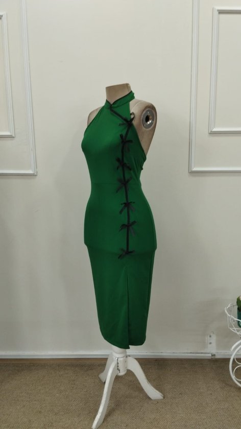Women's One Shoulder Open Front Bow Tie Detail Slit Midi Imported Crepe Dress, 32763