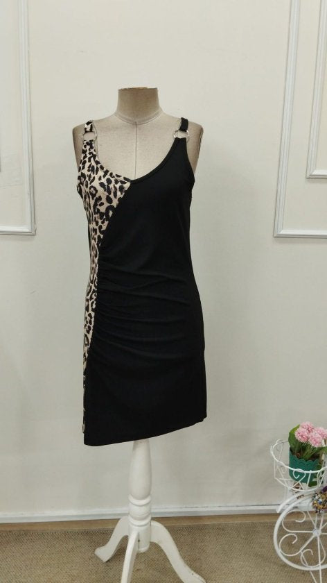 Rochie scurtă de damă, cu decolteu în V, asimetrică, cu detalii leopard, din crep strălucitor, 32764