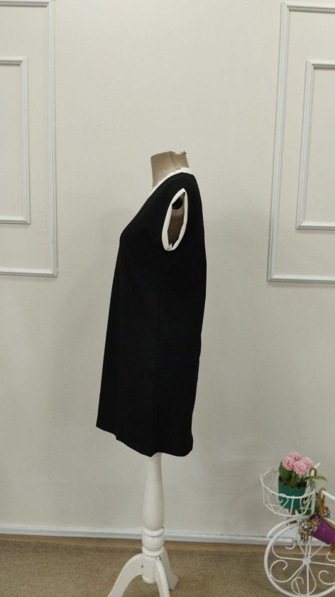 Rochie scurtă cu mânecă scurtă, decolteu rotund, din crep strălucitor, cu manșete contrastante, pentru femei, 32765