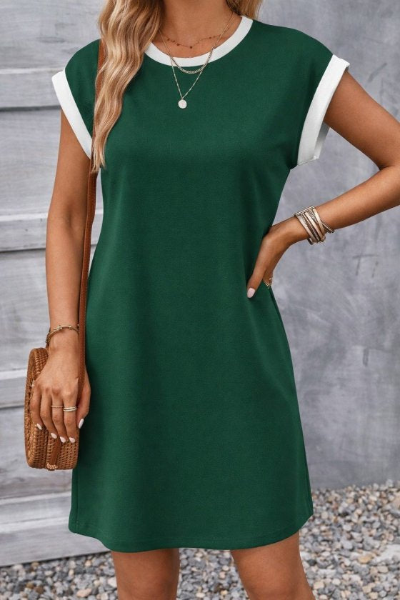 Women's Short Sleeve Round Neck Contrast Cuff Detail Short Crinkled Crepe Dress, 32767