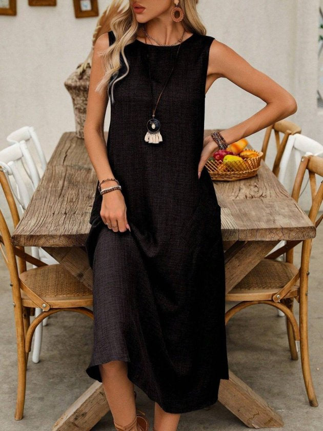 Women's Strappy Round Neck Flared Pocket Long Dress, 32769