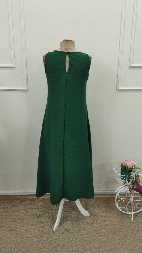 Rochie lungă pentru femei cu bretele, guler rotund, buzunare și cioc, 32771