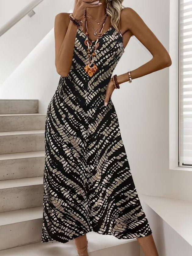Women's Spaghetti Strap V-Neck Patterned Long Interlock Dress, 32774