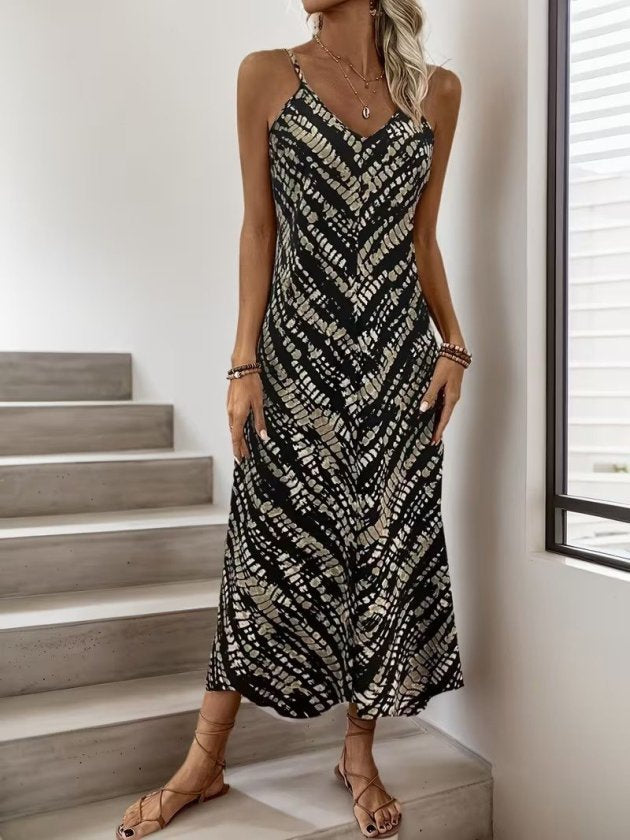 Women's Spaghetti Strap V-Neck Patterned Long Interlock Dress, 32774