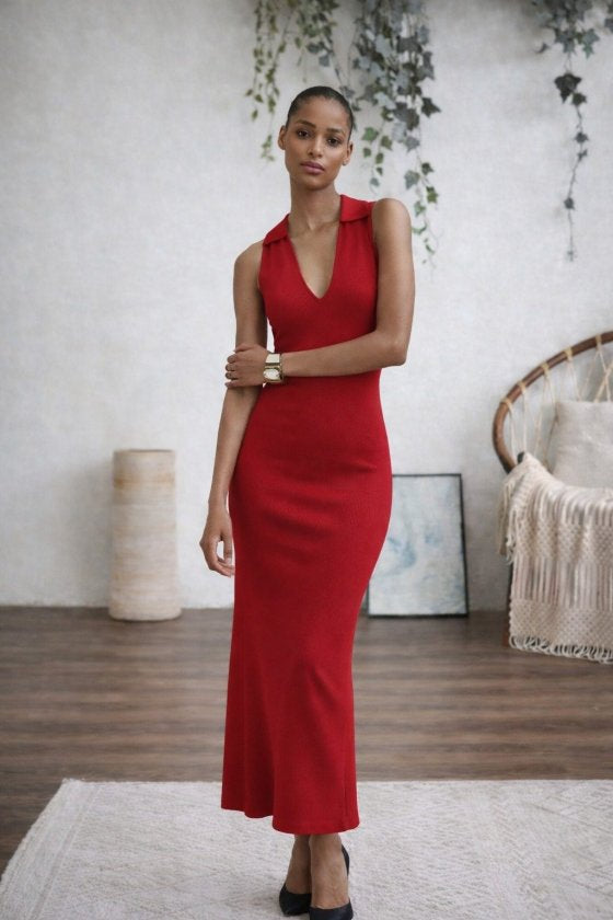 Rochie lungă tricotată, fără mâneci, cu decolteu în V, pentru femei, 32823