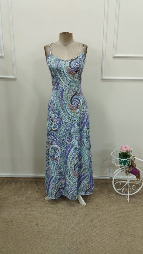 Women's Spaghetti Strap Back Crisscross Cut-Out Long Patterned Supreme Dress, 32846