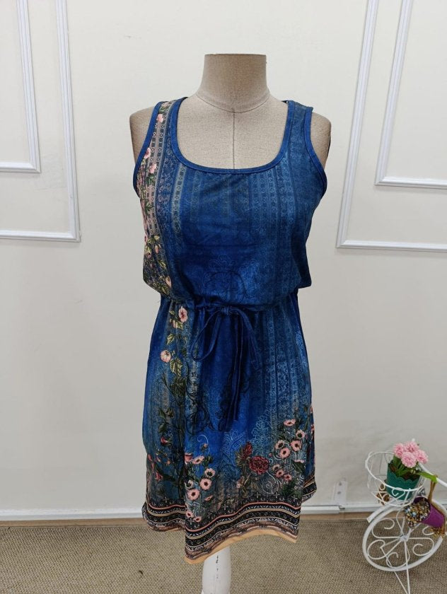 Rochie scurtă Supreme pentru femei, cu guler rotund, bretele, model floral și curea, 34332