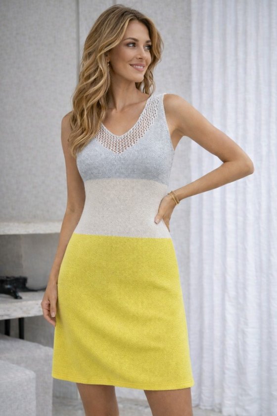 Women's Strappy V-Neck Multicolor Knit Short Dress, 34776