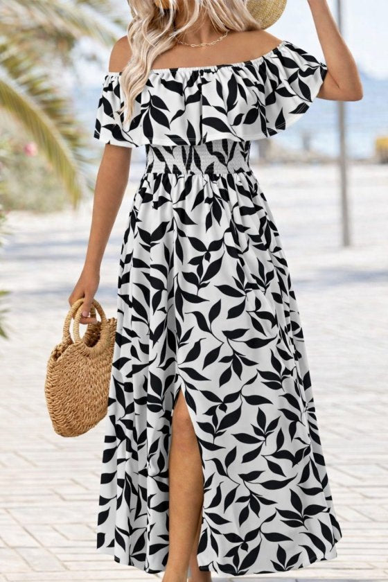 Women's Madonna Neck Ruched Split Long Patterned Suprema Dress, 32869