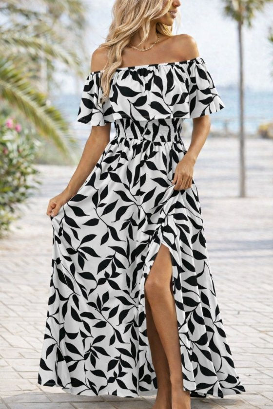Women's Madonna Neck Ruched Split Long Patterned Suprema Dress, 32869