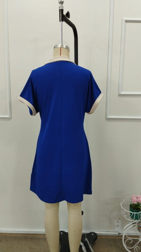 Kadın Kısa Kollu V Yakalı Onden şerit Detaylı Yakalı Kısa Janjan Krep Elbise, 32935