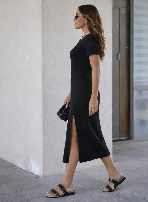 Rochie midi din viscoză, cu mânecă scurtă și guler rotund, cu crăpătură laterală, pentru femei, 32939