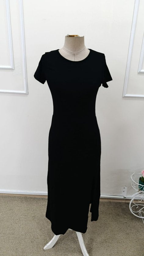 Rochie midi din viscoză, cu mânecă scurtă și guler rotund, cu crăpătură laterală, pentru femei, 32939