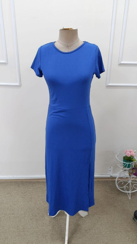 Women's Short-Sleeved Crew Neck Side Slit Midi Viscose Dress, 32941