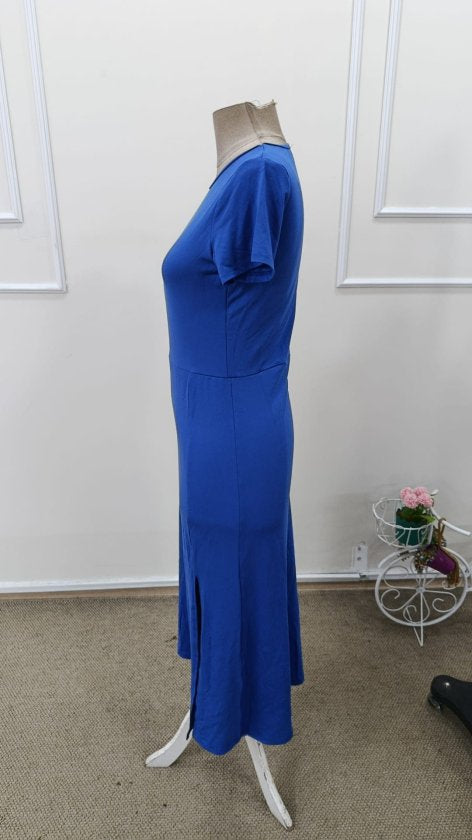 Women's Short-Sleeved Crew Neck Side Slit Midi Viscose Dress, 32941