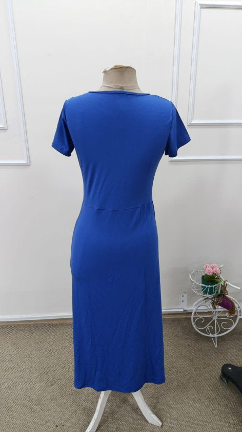 Women's Short-Sleeved Crew Neck Side Slit Midi Viscose Dress, 32941