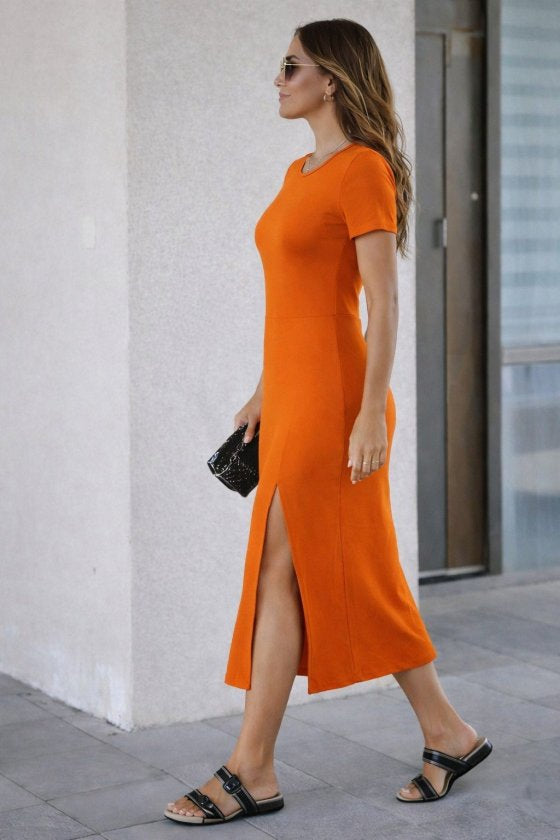 Women's Short Sleeve Crew Neck Side Slit Midi Viscose Dress, 32942