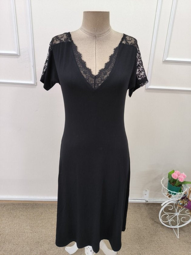 Rochie midi de damă din viscoză, cu mânecă scurtă, decolteu în V și dantelă, 32977