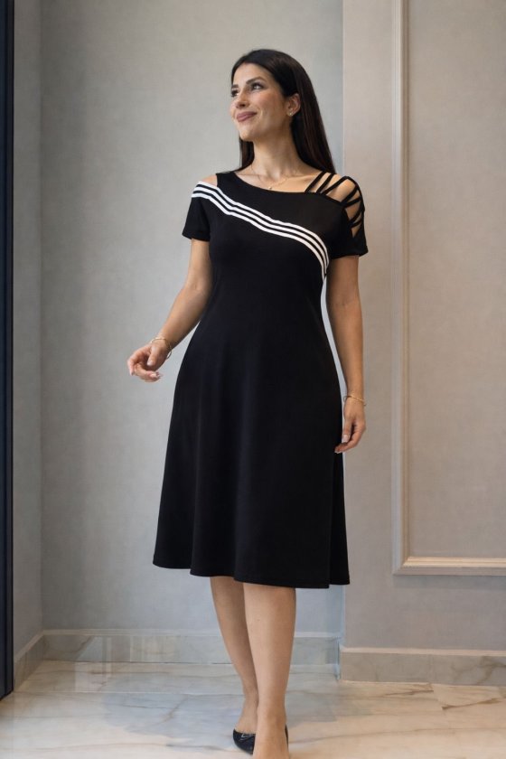 Women's Short Sleeve Off-Shoulder Striped Detail Midi Viscose Dress, 32990