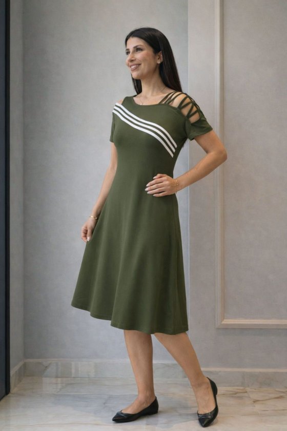Women's Short Sleeve Off-Shoulder Midi Viscose Dress with Strip Detail, 32993