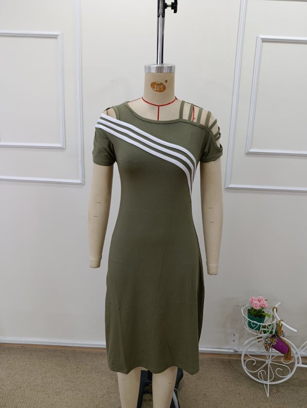 Women's Short Sleeve Off-Shoulder Midi Viscose Dress with Strip Detail, 32993