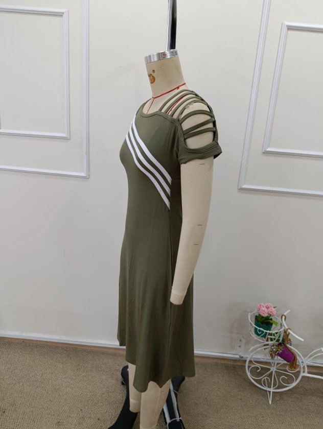 Women's Short Sleeve Off-Shoulder Midi Viscose Dress with Strip Detail, 32993