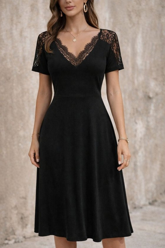 Women's Short Sleeve V-Neck Lace Midi Viscose Dress, 32994