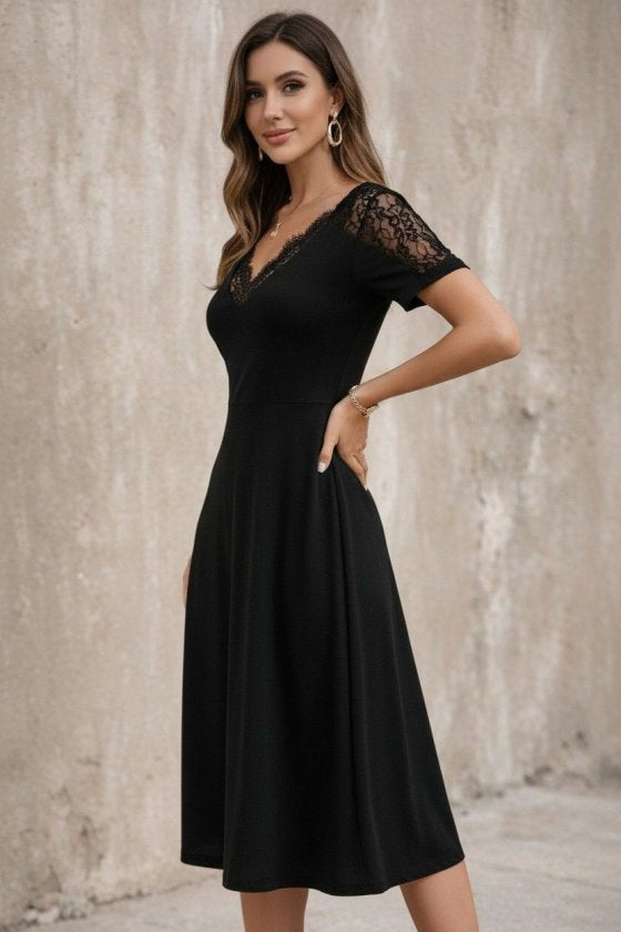 Women's Short Sleeve V-Neck Lace Midi Viscose Dress, 32994