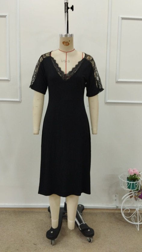 Women's Short Sleeve V-Neck Lace Midi Viscose Dress, 32994