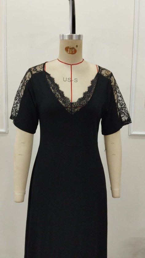 Women's Short Sleeve V-Neck Lace Midi Viscose Dress, 32994