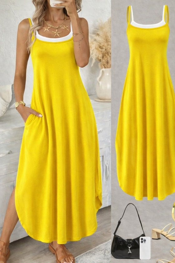 Rochie lungă din viscoză, cu guler rotund și bretele, pentru femei, cu buzunare, 33077