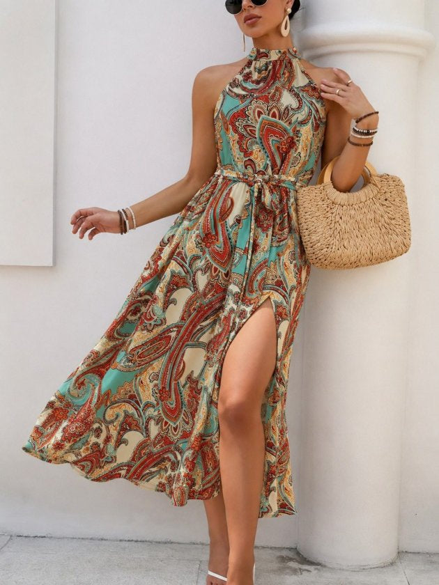 Rochie Suprem cu Flori, Deschisă pe Umeri, Gât Halter, Fermoar, 36951