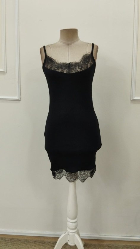 Women's Spaghetti Strap Neckline Lace Detail Short Ribbed Knit Dress, 33003