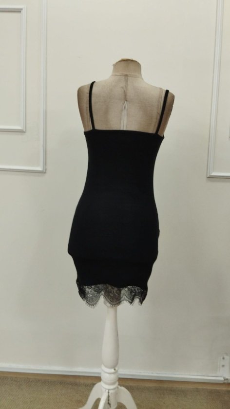 Women's Spaghetti Strap Neckline Lace Detail Short Ribbed Knit Dress, 33003