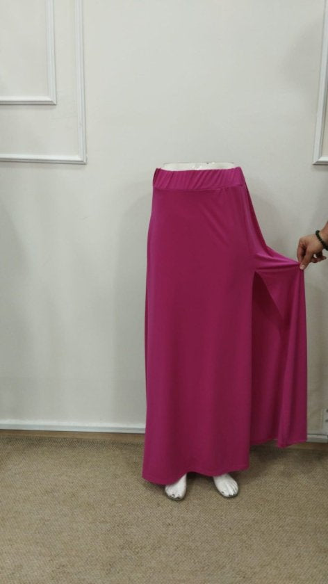 Fustă lungă de damă, cu talie înaltă și crăpături laterale, culoare nisip, 33009