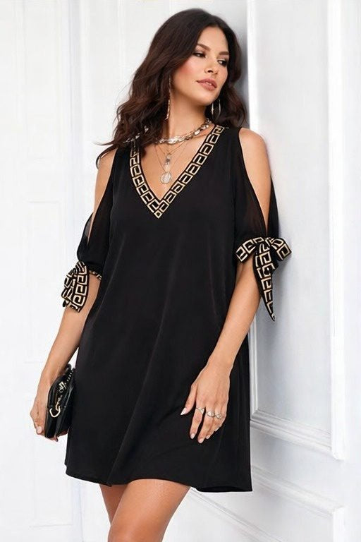 Rochie scurtă de damă, cu mânecă scurtă și decolteu în V, culoare nisip, 34640