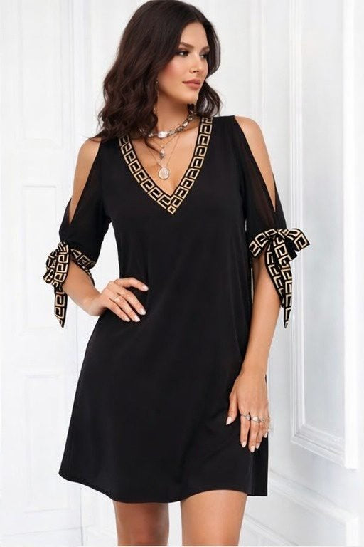 Rochie scurtă de damă, cu mânecă scurtă și decolteu în V, culoare nisip, 34640