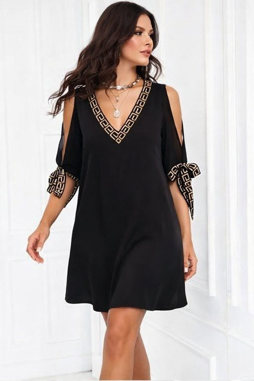 Rochie scurtă de damă, cu mânecă scurtă și decolteu în V, culoare nisip, 34640