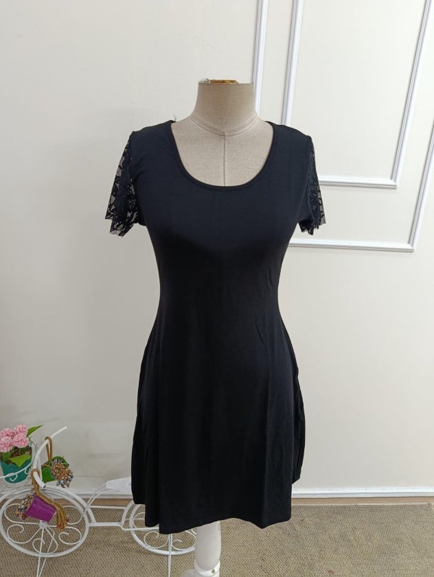 Women's Short Sleeve Round Neck Lace Sleeve Short Viscose Dress, 33045