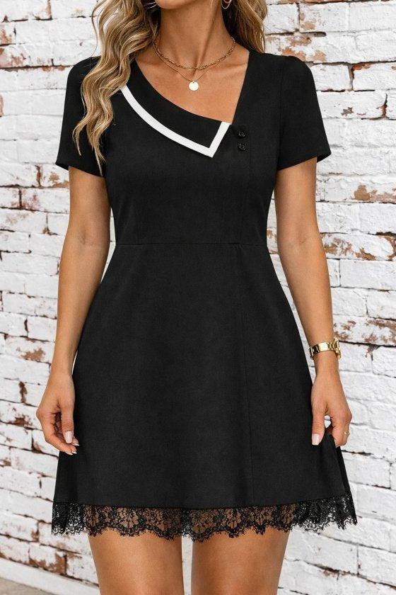 Rochie scurtă din crep strălucitor, cu mânecă scurtă și guler, pentru femei, 33068