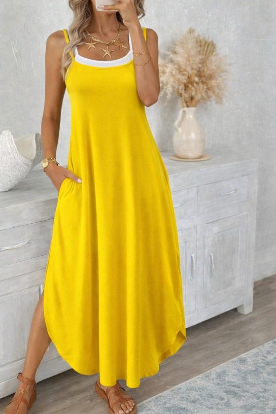 Rochie lungă din viscoză, cu guler rotund și bretele, pentru femei, cu buzunare, 33077