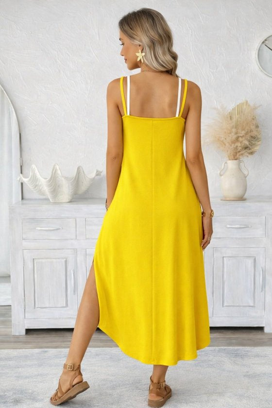 Rochie lungă din viscoză, cu guler rotund și bretele, pentru femei, cu buzunare, 33077
