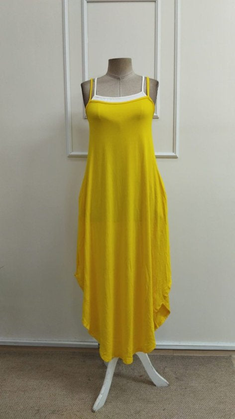 Rochie lungă din viscoză, cu guler rotund și bretele, pentru femei, cu buzunare, 33077