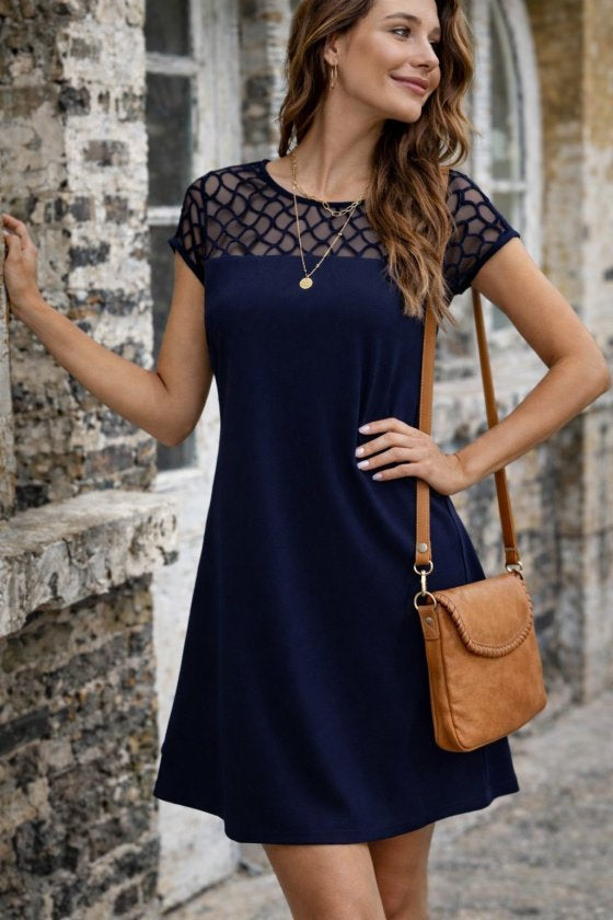 Women's Short Sleeve Crew Neck Tulle Detail Short Iridescent Crepe Dress, 33102
