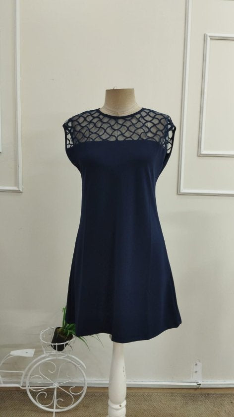 Women's Short Sleeve Crew Neck Tulle Detail Short Iridescent Crepe Dress, 33102