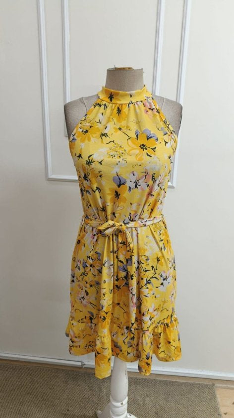 Rochie scurtă de damă tip suprex, cu umeri goi, guler înalt, cu cordon, cu model, 33103