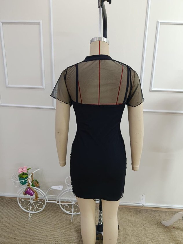 Set de două piese pentru femei, rochie scurtă de scuba cu bretele și rochie din tul cu mâneci scurte, 33108