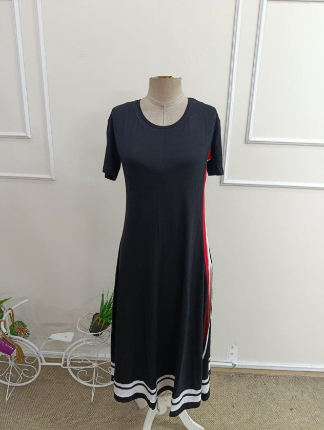 Rochie midi din viscoză, pentru femei, cu mânecă scurtă, guler rotund și detalii cu dungi laterale, 33109