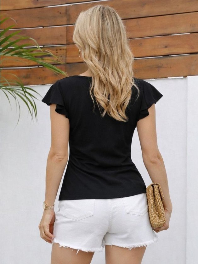 Women's Short Sleeve Heart V-Neck Ruched Side Janjan Blouse, 33152