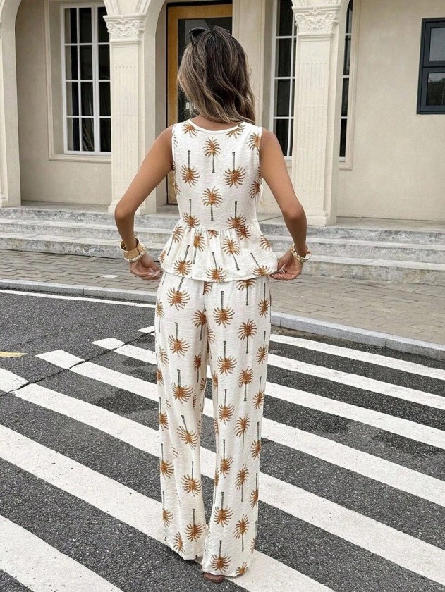 Set de două piese pentru femei, bluză și pantaloni cu imprimeu, decolteu în V, cu bretele, cu curea, 34490